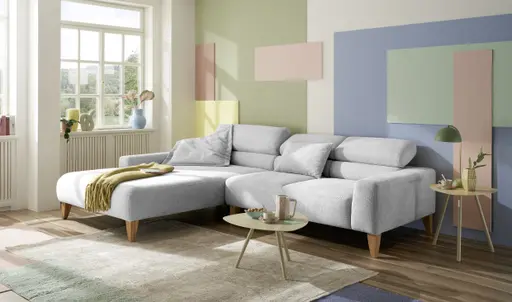 Ecksofa CHENOA - Longchair links mit 2-Sitzer, Kopfteil verstellbar, Stoff, Silbergrau