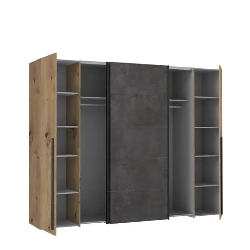 Schwebe-/Drehtürenschrank FAHDA - B. ca. 270 cm, mit Passepartout, Eiche Artisan Dekor, Betonoptik