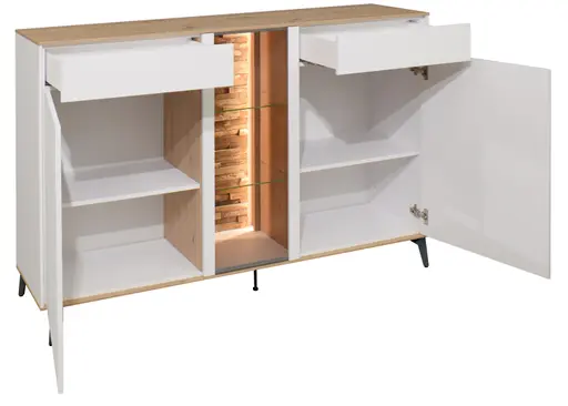 Sideboard - mit Beleuchtung, B ca. 159 cm, Weiß, Asteiche, Schwarz