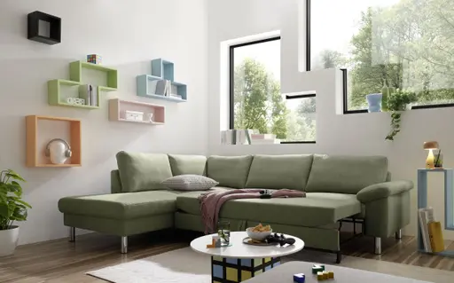 Ecksofa COOL - Ecke links mit 2,5-Sitzer, Querschläfer, Stoff, Hellgrün