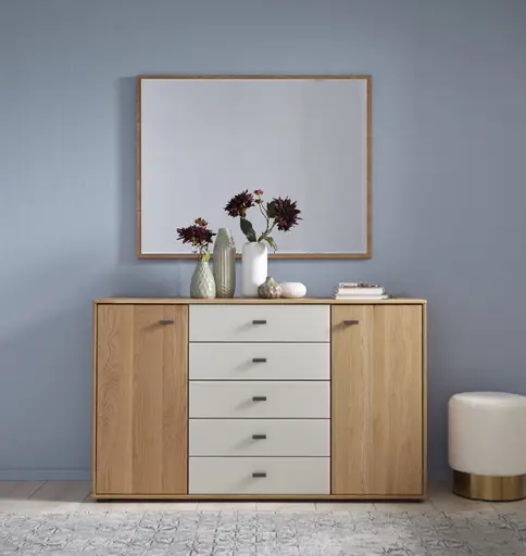 Kommode Lenoso - Eiche massiv, Glas Champagner