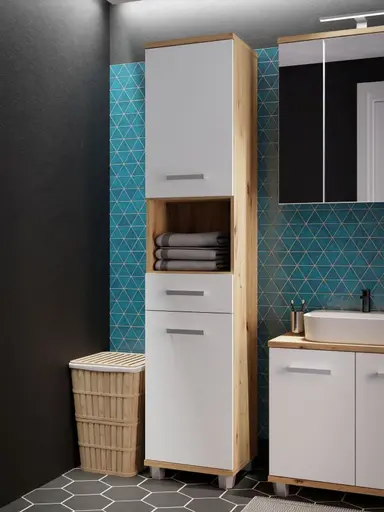 Hochschrank- B ca. 40 cm, Eiche Dekor, Hellgrau