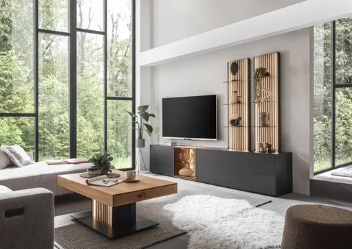 Couchtisch - mit Schublade und Beleuchtung, LBH 120x70x45 cm, Birke massiv, Anthrazit lackiert, Applikation Kerneiche Natur