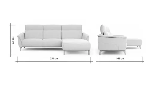 Ecksofa Nevin - 2-Sitzer mit Longchair rechts, inkl. Kopfpolsterverstellung, Stoff, Weiß