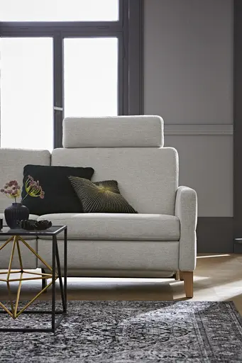 Ecksofa Arima - Longchair links mit 2,5-Sitzer inkl. Relaxfunktion und Sitzvorzug (motorisch), Stoff, Creme