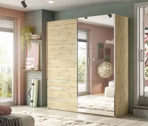 Schwebetürenschrank- B 200 cm, Eiche Dekor, Spiegel