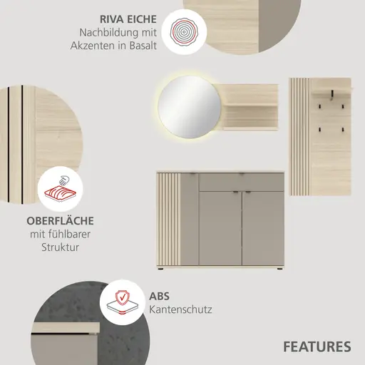 Garderobe - mit Beleuchtung, Riva Eiche Nachbildung, Basalt
