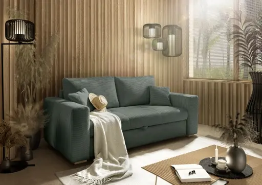 Sofa JORDEN 2 - 2,5-Sitzer inkl. Schlaffunktion mit Bettkasten, Stoff, Grün