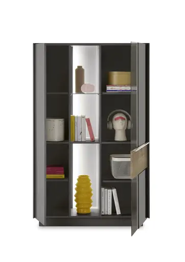 Highboard - mit Beleuchtung, B ca. 96 cm, Anthrazit, Eiche massiv