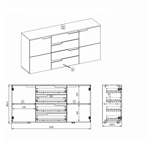 Sideboard - B ca. 165 cm, Weiß, Weiß Hochglanz