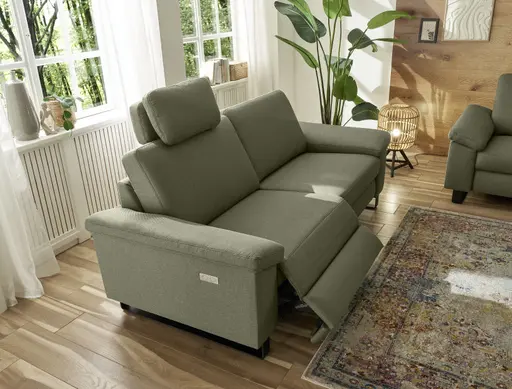 Sofa CALM PLUS 2.0 - 3-Sitzer, Relaxfunktion teilmotorisch inkl. Kopftstütze, Stoff, Olive