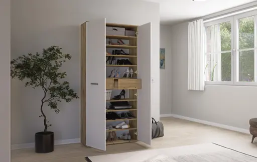 Schuhschrank - B ca. 90 cm, Artisan Eiche Nachbildung, Weiß