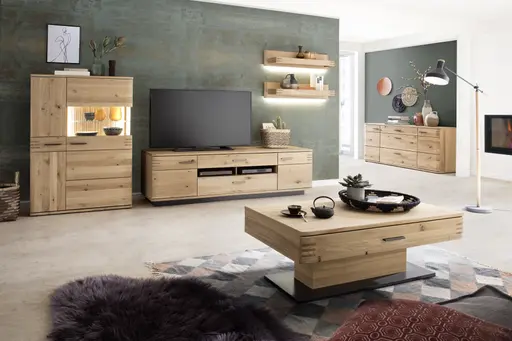 Wohnwand - mit Beleuchtung, Eiche teilmassiv