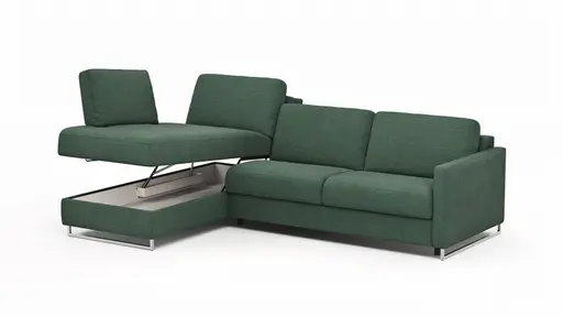 Ecksofa Nuoro - Longchair links mit 2-Sitzer inkl. Schlaffunktion und Bettkasten, Stoff, Dunkelgrün