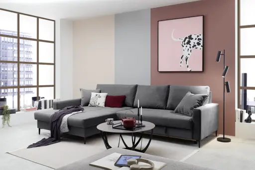 Ecksofa - Longchair links mit 3-Sitzer, Schlaffunktion mit Bettkasten, Stoff, Anthrazit