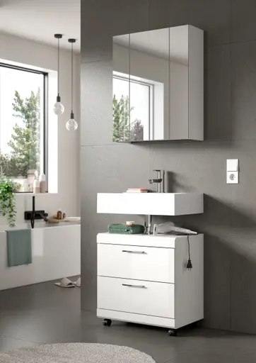 Waschbeckenunterschrank - B ca. 60 cm, Weiß, Weiß Hochglanz