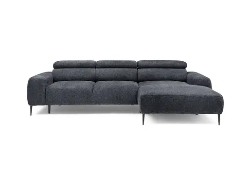 Ecksofa - 2-Sitzer mit Longchair rechts, Sitzvorzug motorisch, Kopfteil verstellbar, Stoff, Schwarzgrau