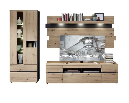 Wohnwand - mit Beleuchtung, Artisan Eiche Nachbildung, Graphit