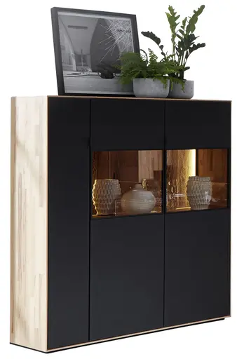 Highboard - mit Beleuchtung, Riffbuche massiv, Mattglas, Anthrazit