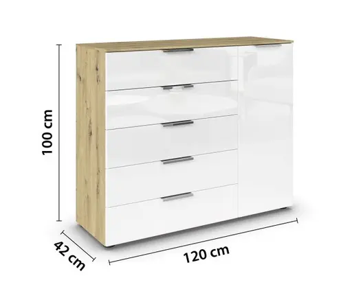 Kommode RIPP- Eiche Dekor, Glas, Weiß