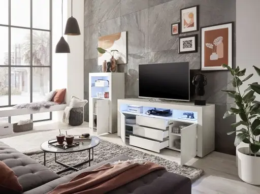 Highboard- Weiß, Weiß, Hochglanz, 