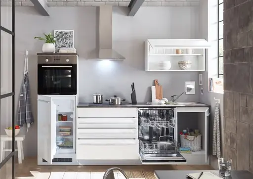 Küchenblock- Inkl. E-Geräte, B ca. 260 cm, Weiß Matt, Weiß Hochglanz