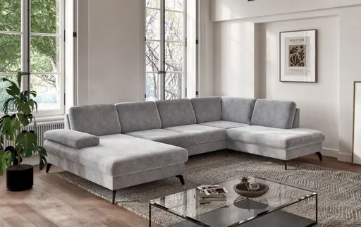 Wohnlandschaft - Longchair links mit 2,5-Sitzer und Ecke rechts, Stoff, Silbergrau