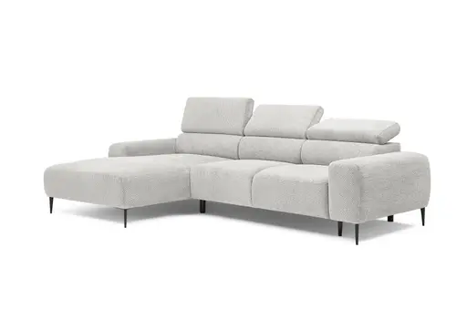 Ecksofa - Longchair links mit 2-Sitzer, Sitzvorzug motorisch, Kopfteil verstellbar, Stoff, Creme