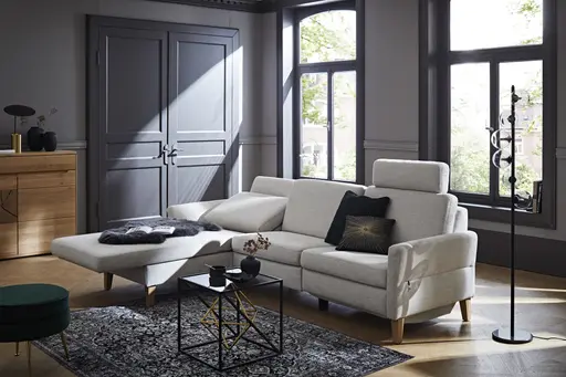 Ecksofa Arima - Longchair links mit 2,5-Sitzer inkl. Relaxfunktion und Sitzvorzug (motorisch), Stoff, Creme