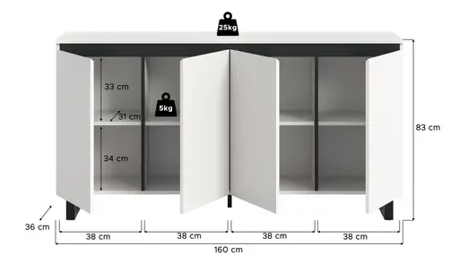 Sideboard - B ca. 160 cm, Weiß, Schwarz