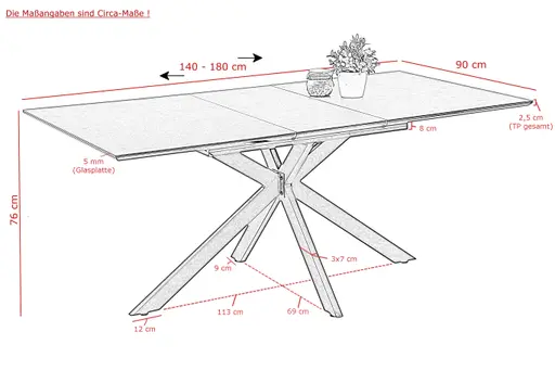 Esstisch - ausziehbar, LB ca. 140x90 cm, Keramikoptik, Anthrazit, Schweizer Kante