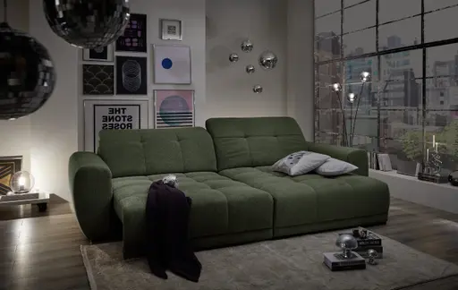 Ecksofa -2-Sitzer mit Longchair rechts, Kopfteil verstellbar, Sitztiefe verstellbar motorisch, Stoff, Moos