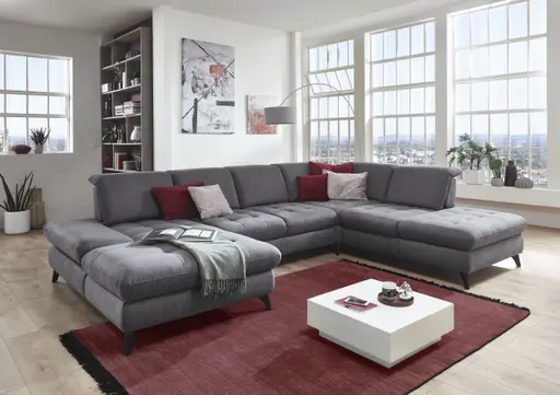 Wohnlandschaft - Longchair mit 2-Sitzer und Abschlusselement rechts, inkl. Schwenkrücken, Stoff, Grau