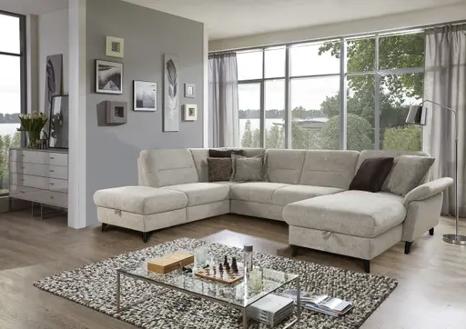 Wohnlandschaft - Ecke links mit 2,5-Sitzer und Longchair rechts, Stoff, Natur