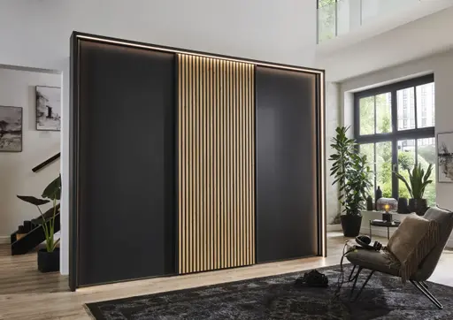 Schwebetürenschrank - B. ca. 250 cm, Lamellentür Bianco Eiche, Graphit