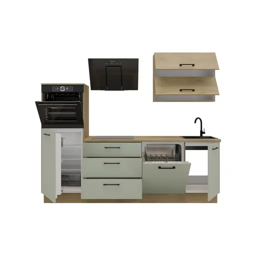 Küchenblock- ohne E-Geräte, B ca. 250 cm, Eiche Dekor, Salbei, Matt