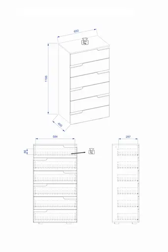 Kommode - B ca. 65 cm, Weiß, Weiß Hochglanz
