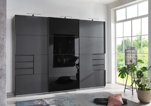 Schwebetürenschrank- B ca, 270 cm, Graphit, Glas, Schwarz