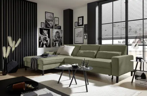 Ecksofa CALM MOVE 2.0 - Longchair links mit 2,5-Sitzer, Schlaffunktion, Feincord, Olive