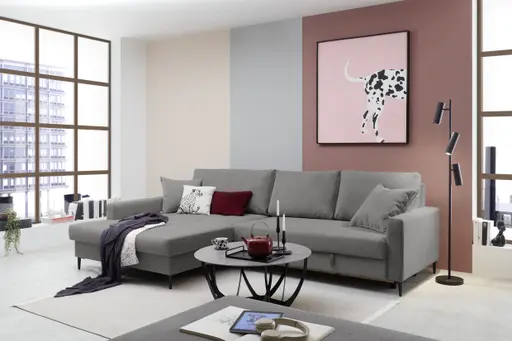 Ecksofa - Longchair links mit 3-Sitzer, Schlaffunktion mit Bettkasten, Stoff, Grau