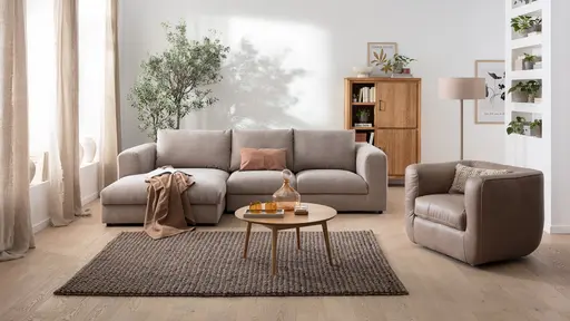 Ecksofa Stormy - Longchair links mit 2,5-Sitzer, Stoff, Graubeige