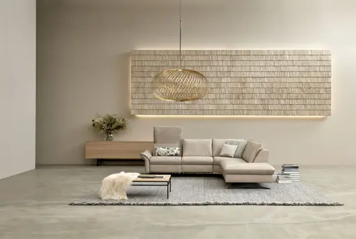 Ecksofa - 2-Sitzer mit Ecke rechts, Rücken hochklappbar motorisch, Armlehne vertellbar, Relaxfunktion, Leder, Beige