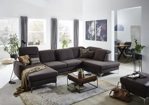 Polstergarnitur EM Brüssel - Longchair mit 2,5-Sitzer und Eckelement, Kopfteil verstellbar, Stoff, Braun
