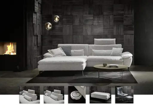 Ecksofa - Longchair links und 1,5-Sitzer, Stoff, Ecru