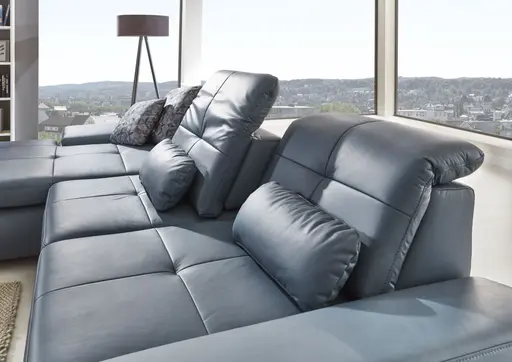 Ecksofa - Longchair links mit 3-Sitzer inkl. Sitztiefenverstellung, Leder, Graublau