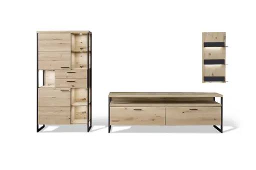 Wohnwand - mit Beleuchtung, Balkeneiche massiv