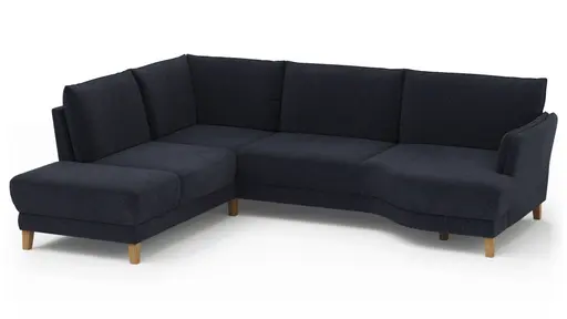 Sofa Stamford - Ecksofa 2-sitzig und Abschlusshocker links mit 3,5-Sitzer, Bogen rechts, Stoff, Dunkelblau