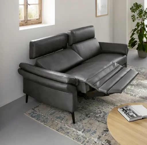 Sofa Atella - 3-Sitzer inkl. motorischer Relax- und Kopfteilverstellung, Leder, Anthrazit