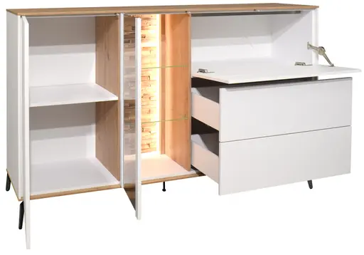 Sideboard - mit Beleuchtung, B ca. 169 cm, Weiß, Asteiche, Schwarz