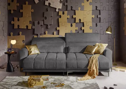 Ecksofa MINAO - 1,5-Sitzer mit Longchair rechts, Sitztiefe verstellbar motorisch, Kopfteil verstellbar, Stoff, Graphite